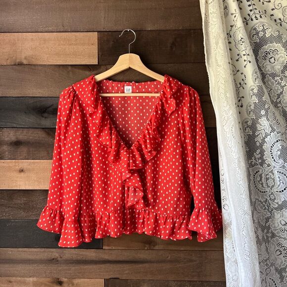 Modern Gap Red & Off White Polka Dot Ruffled Tie Front Blouse - Picture 13 of 14